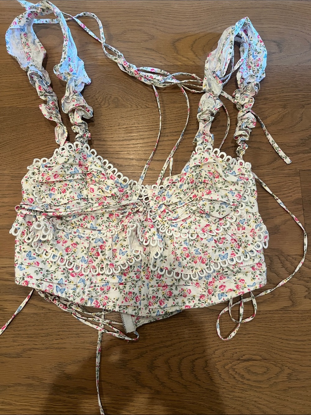 For Love & Lemons Floral Cropped Bustier Top in White and Pink